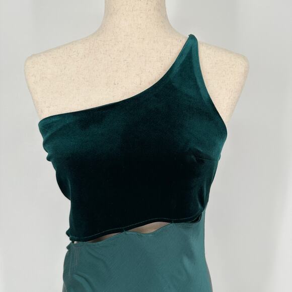 Topshop Petite One Shoulder Green Velvet and Satin Cut Out Midi Dress Womens 8 - Picture 7 of 12